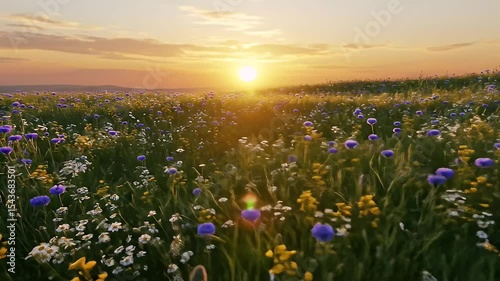 Vibrant Sunset Over a Field of Wildflowers Displaying Golden Light and Natural Beauty