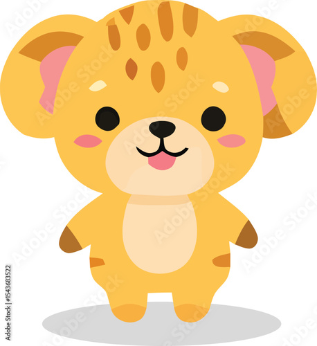 Cartoonish golden bear cub with pink cheeks and tongue sticking out.