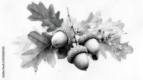 Detailed grayscale drawing of acorns and oak leaves