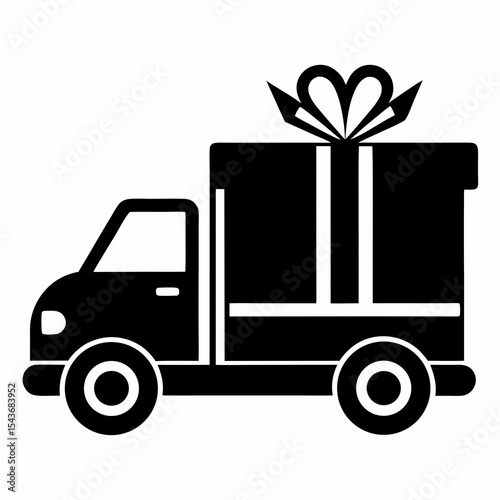 Delivery truck carrying a gift box isolated on white background