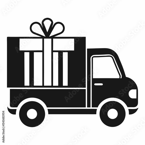 Delivery truck carrying a large gift box isolated on white background