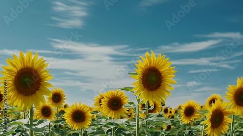 Vibrant Yellow Sunflowers Blooming Under A Clear Blue Sky In The Summer Field