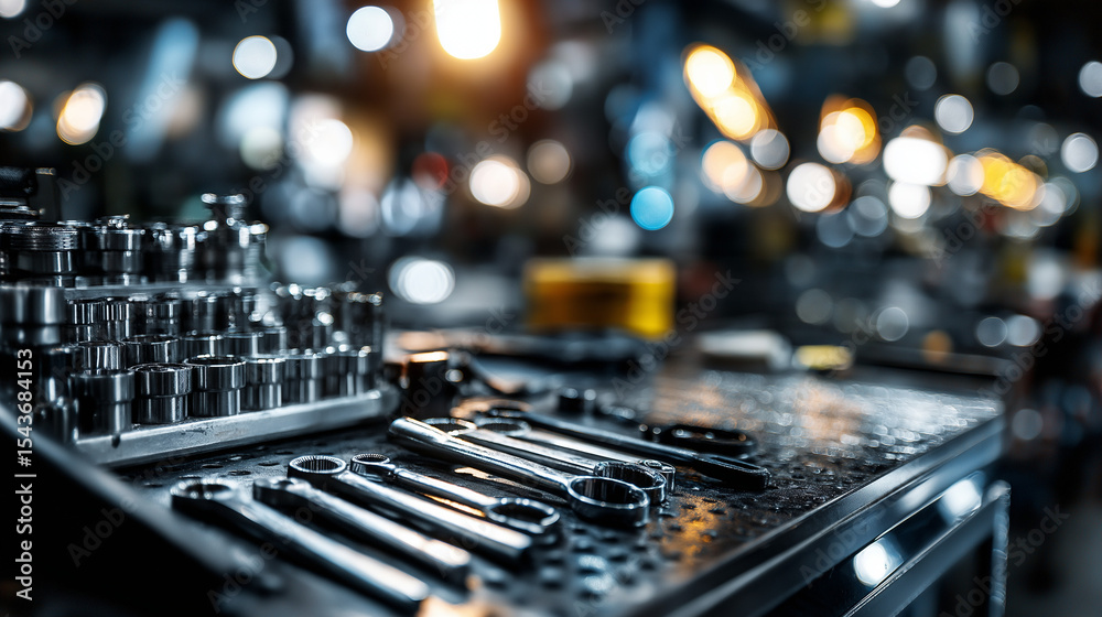 Automotive engine close-up with tools on workbench, precision and craftsmanship in focus Automotive engine close-up with tools on workbench, precision and craftsmanship in focus