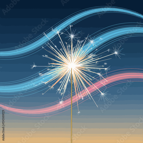 Sparkler Light Night Sky Festive Celebration Design Abstract Background Bright Glowing Summer Holiday Party Fireworks Illustration Graphic Element Digital Art Image blue pink wave style color curve   
