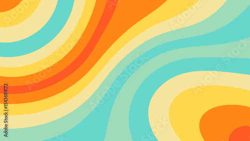 Abstract background with curved lines in shades of orange yellow and blue creating a retro aesthetic