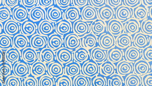 Repeating pattern of stylized concentric circles in light blue and off white creating a dense design