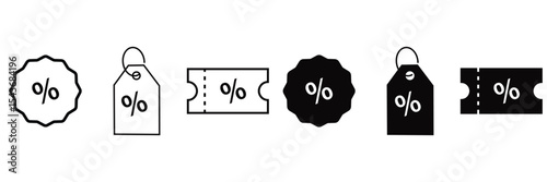 Discount and Price Tag Icon Set – Flat and Line Style Promotion Labels with Editable Stroke