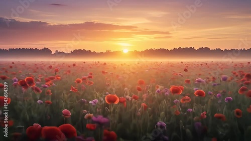 Vivid Red Poppy Field at Sunset with Golden Sunlight and Misty Atmosphere