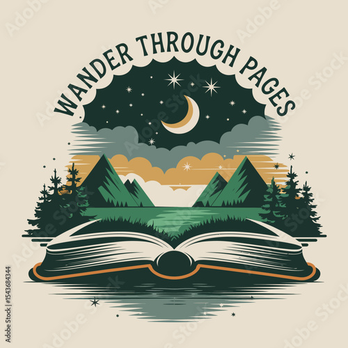 Open Book Mountain Lake Night Scene Wander Through Pages Adventure Graphic Design Illustration Nature Landscape Artistic Book Pages Open Book Design Travel Adventure Artistic Illustration Book Cover  