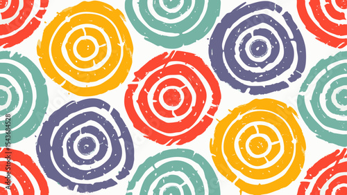 Colorful concentric circles with a hand painted texture in a seamless repeating pattern design element