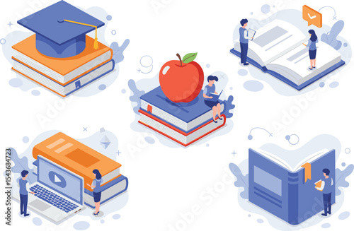 Online education concept, book and student illustration, e-learning tools, study materials, digital library, knowledge, reading, academic success