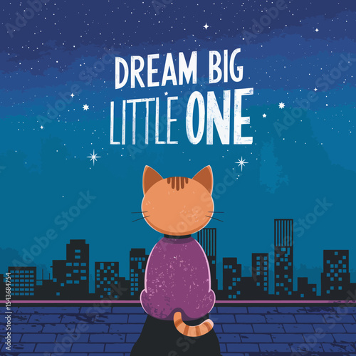 Cute Orange Cat Dream Big Little One Night Cityscape Adorable Kitten Illustration Sweet Dreamy Peaceful Night Sky Stars Urban Background Design Vector Graphic Art pet hope retro happy style image     