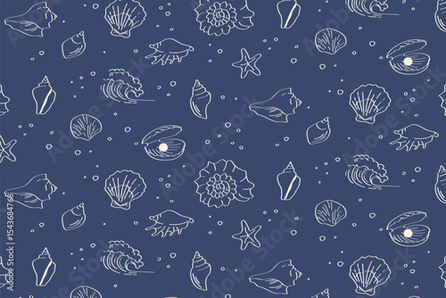 Navy blue seamless ocean pattern with hand-drawn seashells, starfish, flowers and waves marine repeat for textiles and packaging.