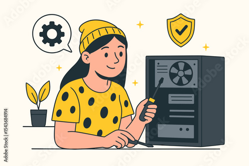 Flat vector Illustration of IT Engineer Performing Server Maintenance in Data Center Environment