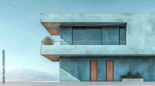 Modern teal concrete house exterior with balcony