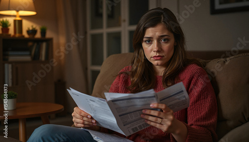 Young woman sitting on couch looking concerned at unpaid bills  