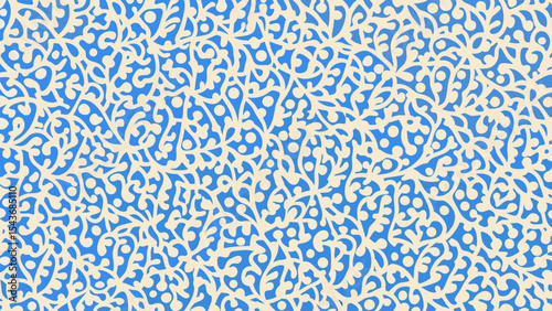 Intricate pattern of swirling vines and dots in a repeating design with a blue background creating a texture 100