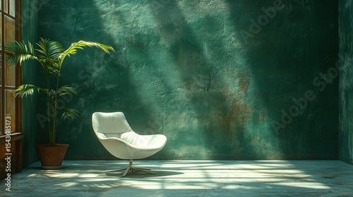 Modern, sun-drenched teal room with armchair
