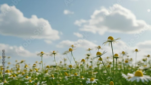 White Chamomile Daisies Blooming In A Green Field Under Blue Sky With White Clouds