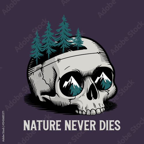 Engraved Skull with Mountain and Pine Tree Landscape Nature Never Dies Dark Artistic Illustration Graphic Design Vector Art Print Poster Image life view teal grey trees retro death woods style gothic 