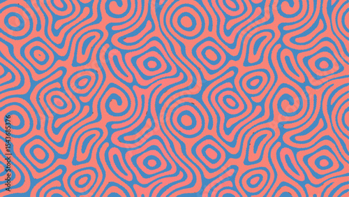 Abstract background with blue winding lines and geometric shapes on a salmon colored backdrop creating an optical illusion