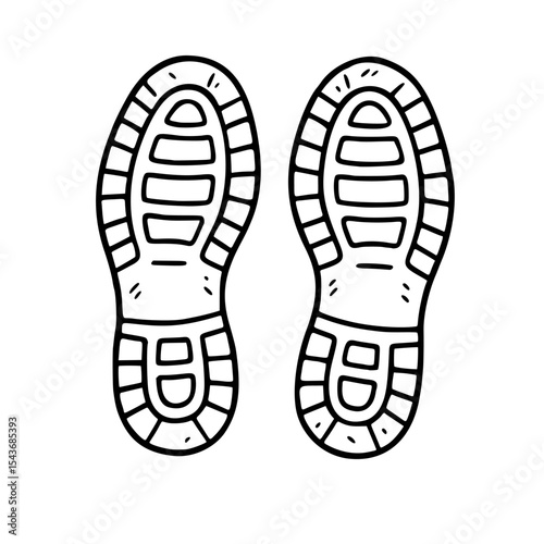 Black and white hand-drawn illustration of shoe soles, stylized vector art with sketchy texture and rough outline