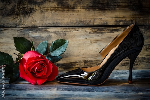 Elegant Black Patent Leather Heel with Red Rose on Rustic Wood Background