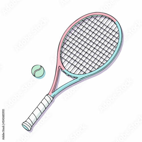 Pastel tennis racket and ball illustration in pink and blue colors for sport activity on a white background with spaces for text