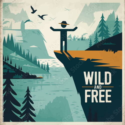 Majestic Mountain Landscape Design Wild Free Nature Scene Graphic Illustration Adventure Travel Poster Artistic Viewpoint Stunning Cliffside Vista Breathtaking Scenery Panoramic Viewpoint Serene      