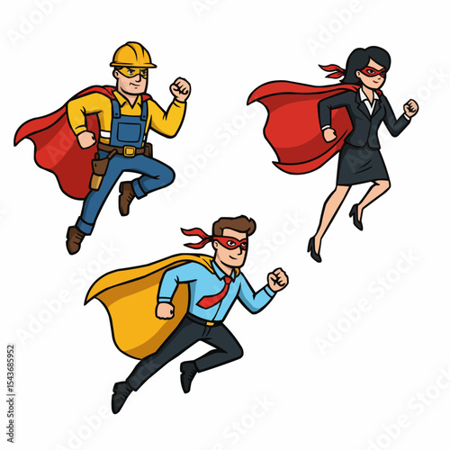 Vector set, Confident team of everyday professional superheroes in capes flying on a white background 