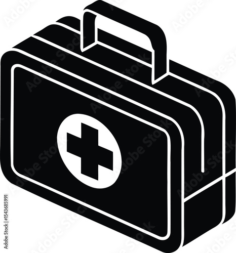 Isometric black and white vector illustration of a first aid kit