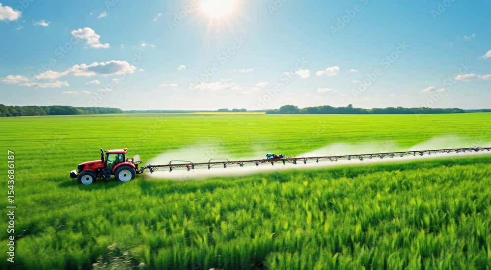 Tractor sprays fields with pesticide ensuring healthy crops under a bright sky Tractor sprays fields with pesticide ensuring healthy crops under a bright sky