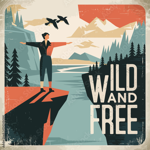 Woman Standing Clifftop Wild and Free Nature Landscape Birds Mountains Retro Vintage Travel Poster Design Illustration Artwork Graphic Art Print Scenic View Beautiful Majestic Breathtaking Serene     