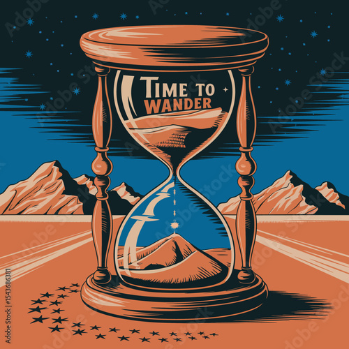Vintage Hourglass Desert Landscape Time Travel Adventure Journey Exploration Artistic Graphic Design Illustration Retro Style Mountain Range Scenic View  Night Sky Stars Sand Grains Time to Wander sun