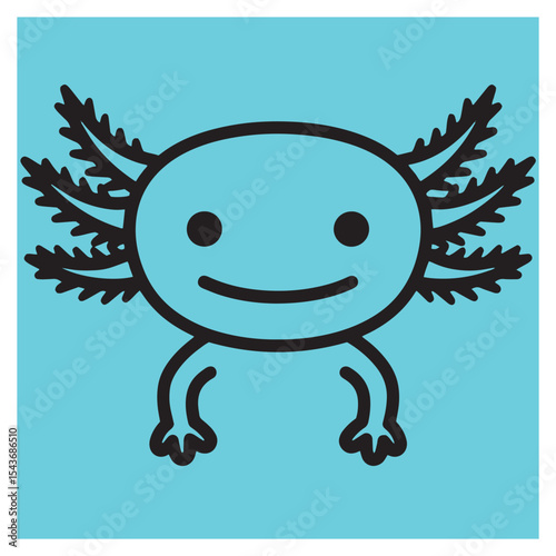Adorable cartoon axolotl illustration on a light blue background smiling and looking friendly