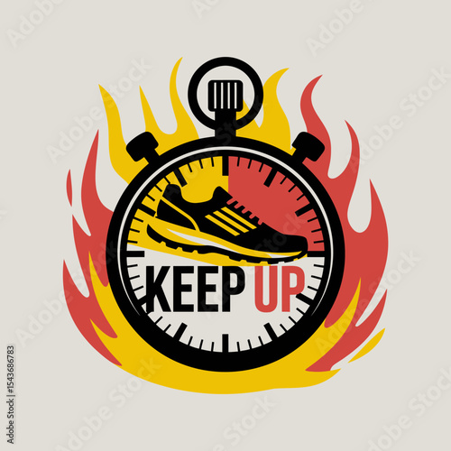 Motivational Running Shoe Stopwatch Design Fiery Background Keep Up Fitness Sport Graphic Running Shoes Active Lifestyle Exercise Endurance Training Competition Speed Fast Pace Yellow Red Black       