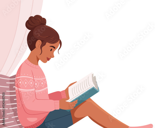 Cozy Girl Reading Book A Flat Vector Illustration