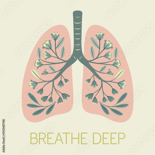 Lungs Floral Design Breathe Deep Pink Green Pastel Illustration Botanical Respiratory Health Wellness Art Print Yoga Meditation Mindfulness Nature Healthy Lifestyle Graphic Design Element body calm   