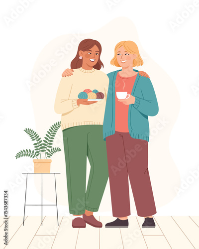 Friends Enjoying Coffee and Treats Together A Cozy Gathering Illustration