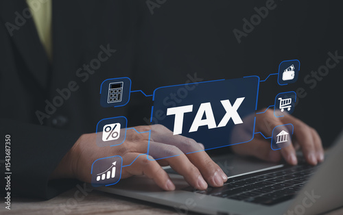 Person typing on laptop with digital TAX interface featuring finance-related icons, symbolizing tax management, calculation, e-filing, percentage analysis, budgeting, and digital business finance.