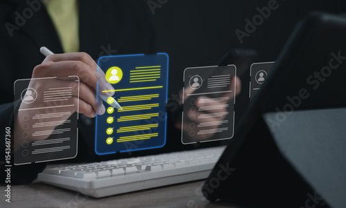 Professional reviewing a digital checklist form on a holographic screen, highlighting completed tasks and user profile, symbolizing digital profile verification, task status, and paperless workflow.