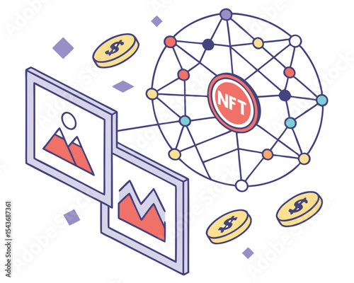 Illustration of nft artwork connected to a blockchain with dollar coins and floating diamonds around it