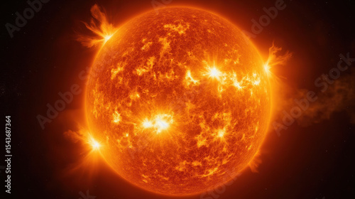 Bright sun with solar flares, glowing surface, and vibrant colors, showcasing beauty of our star in universe