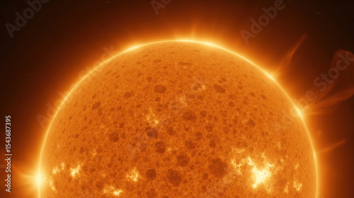 Bright sun with fiery surface, showcasing solar flares and texture, radiating warmth and energy in cosmos