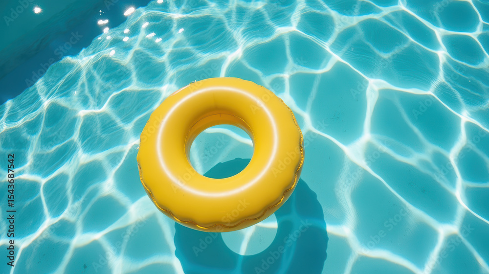 Naklejka premium Bright yellow inflatable ring floats in sparkling blue swimming pool, creating cheerful and inviting atmosphere