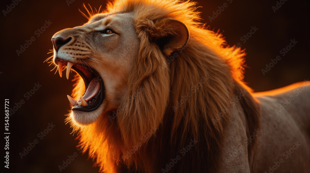Fototapeta premium Majestic lion roaring with vibrant mane illuminated by warm light, showcasing strength and power in natural setting