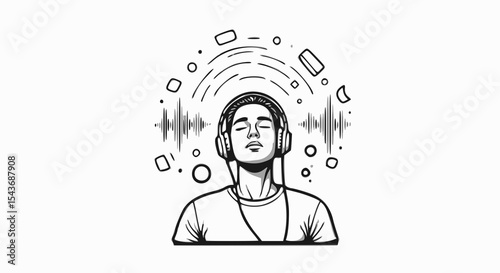 A person relaxing with headphones on, with soothing sound waves visualized around them.