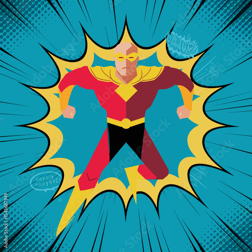 Powerful Superhero Action Pose Comic Book Style Illustration Bold Red Yellow Costume Dynamic Energy Super Strength Graphic Design Retro Pop Art Superhero Artwork Vintage Style Superhero Image man male