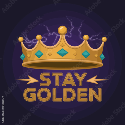 Royal Golden Crown Design with Lightning Bolts Stay Golden Motivational Quote  Purple Background  Bold Typography  Premium Vector Illustration Graphic Design Element art king text rich dark blue queen