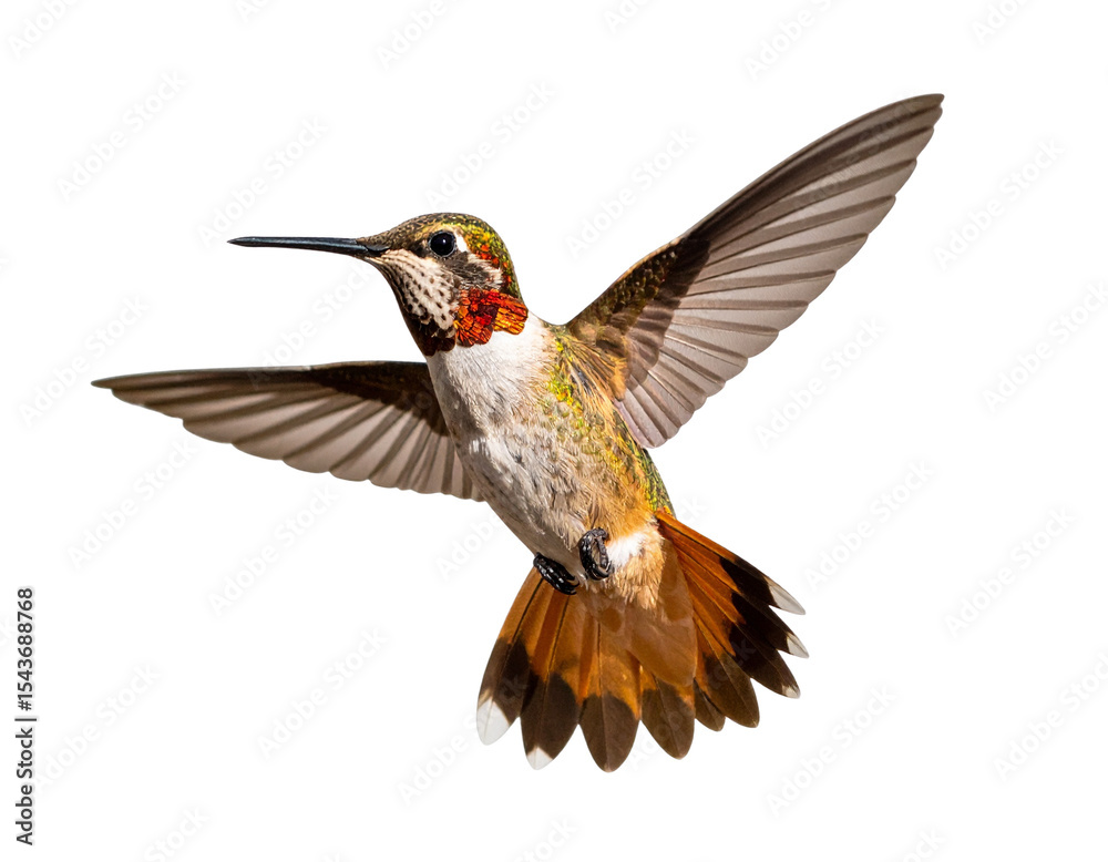 Naklejka premium Transparent PNG of a flying hummingbird in motion with detailed wings.